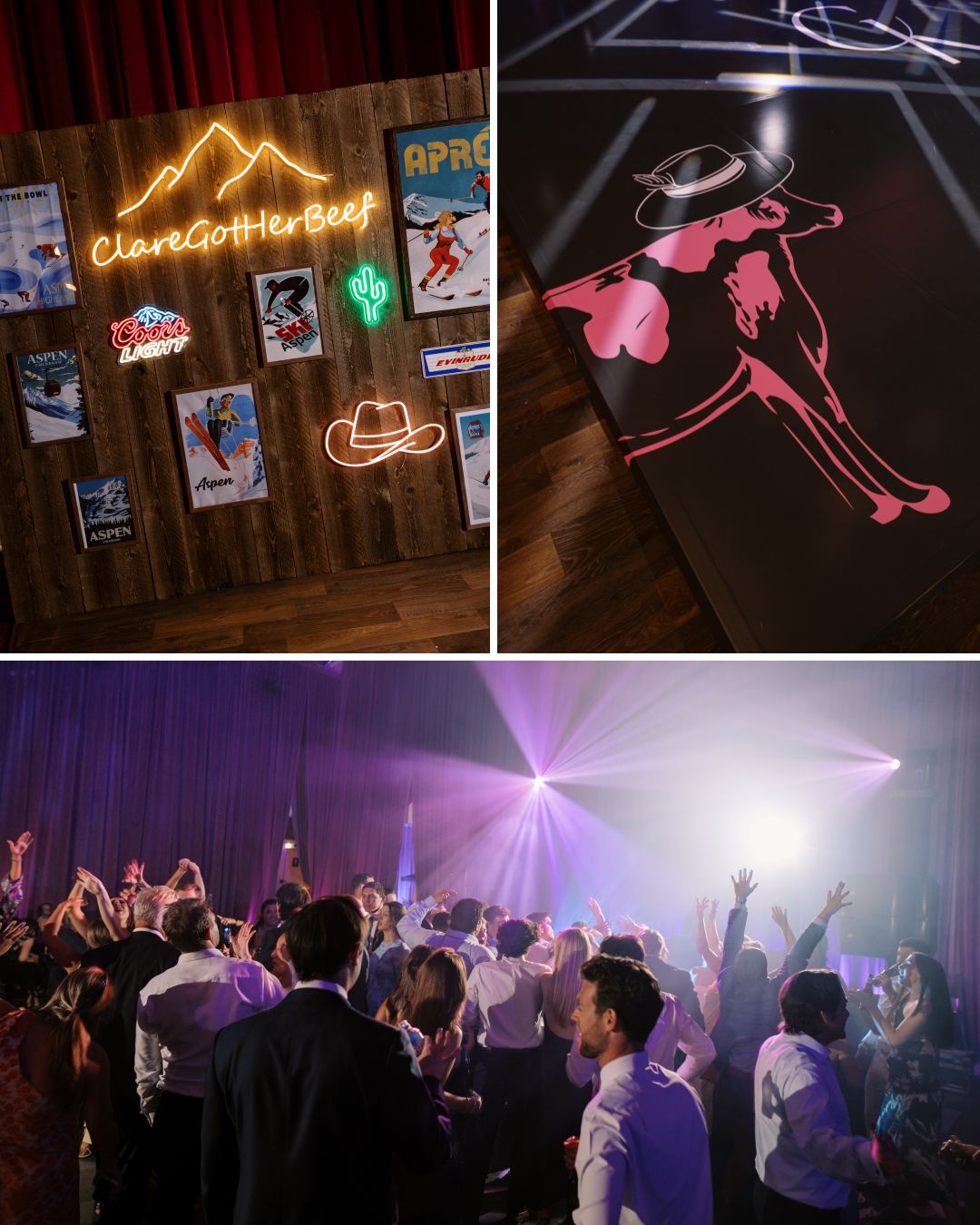 A neon sign display, a pink cowboy art piece, and a crowd of people dancing under party lights in a dimly lit venue.
