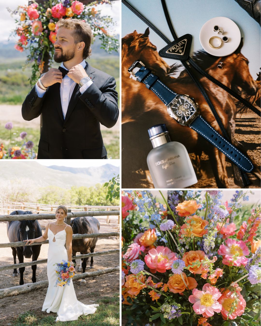 Collage of wedding details: groom adjusting bow tie, accessories with watch and cologne, bride with bouquet near horses, and a close-up of colorful flowers.