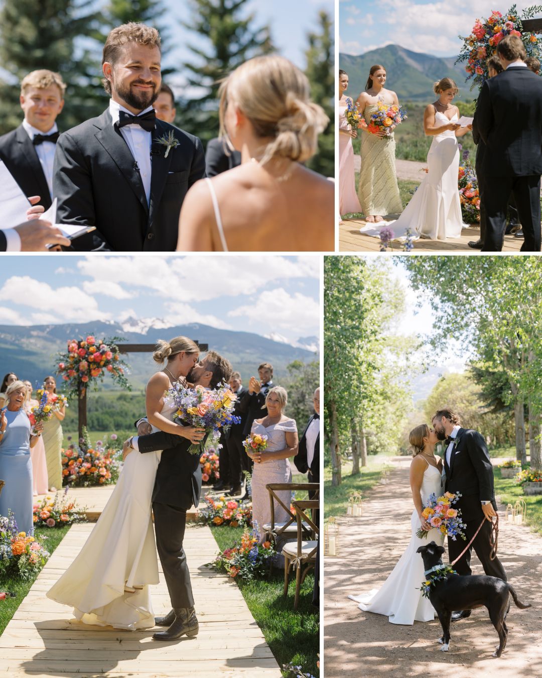 A bride and groom get married outdoors, exchange vows, kiss, and walk with a dog, surrounded by guests and mountains in the background.