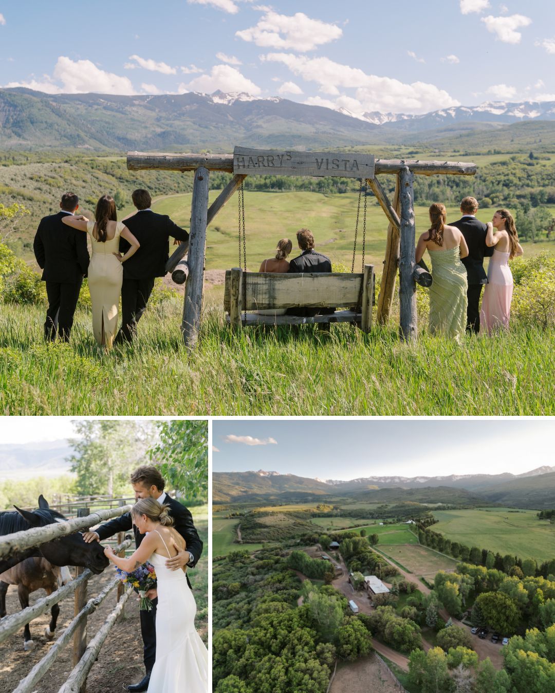 A group of people in formal wear stand on a hillside with a swing, overlooking a valley; below, a bride and groom feed a horse, and an aerial view shows a rural landscape.