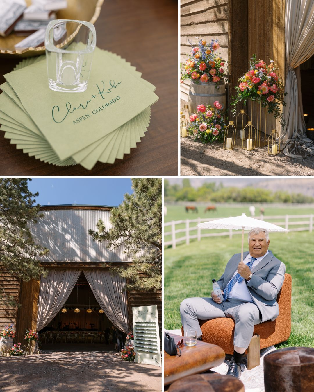 A collage shows green cocktail napkins with a name card, a floral arrangement by a barn entrance, a wide barn exterior, and a man in a suit sitting outdoors.