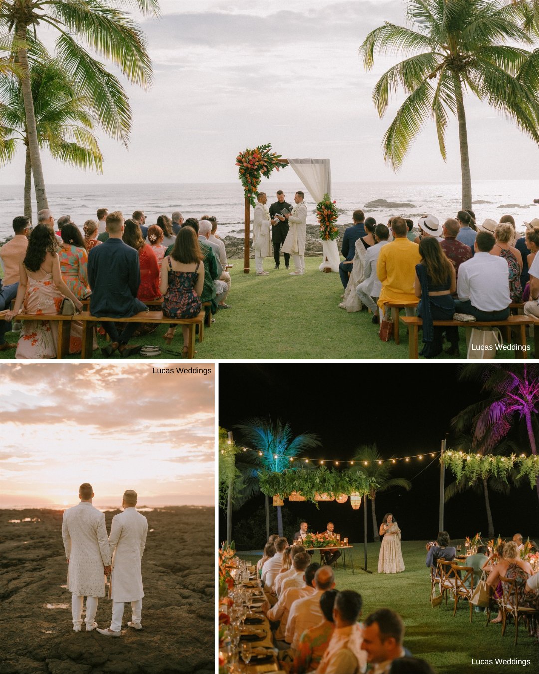 A beachside wedding ceremony with guests seated on benches, followed by two people in white outfits at sunset, and a nighttime outdoor wedding reception with string lights.