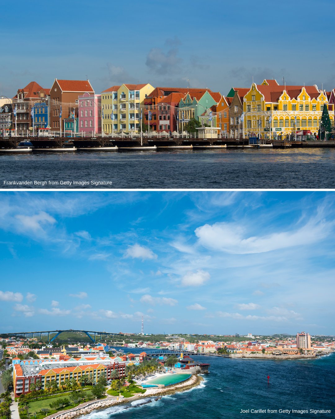 Two images: The top shows colorful Dutch-style buildings along a waterfront; the bottom shows an aerial view of a coastal city with blue waters and scattered buildings.