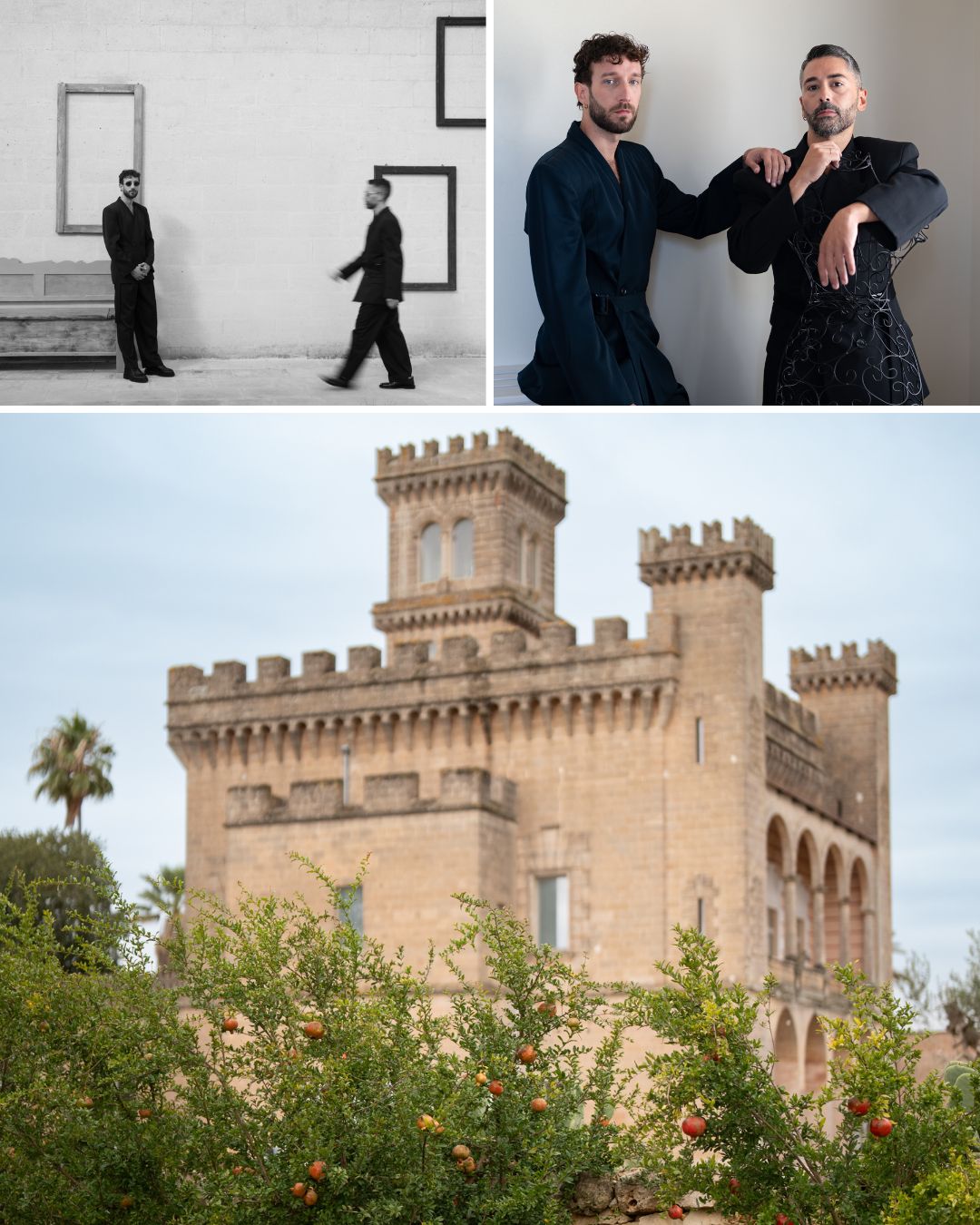 A collage showing two men interacting indoors, a man standing by empty frames, and an exterior view of a historic stone castle with towers and greenery.