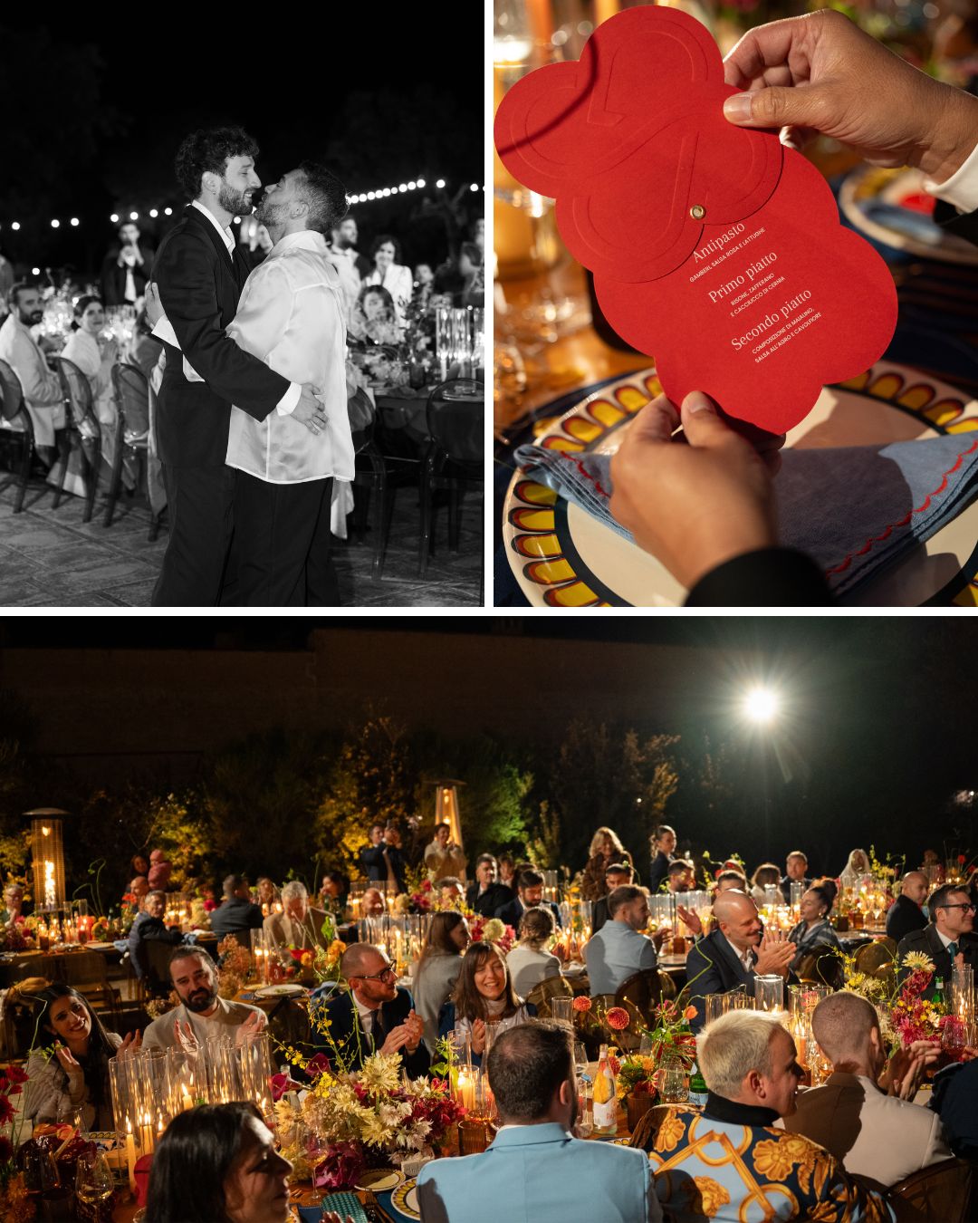 A collage of three images: a couple dancing, a close-up of a red menu card, and a large outdoor dinner gathering with guests seated at decorated tables.
