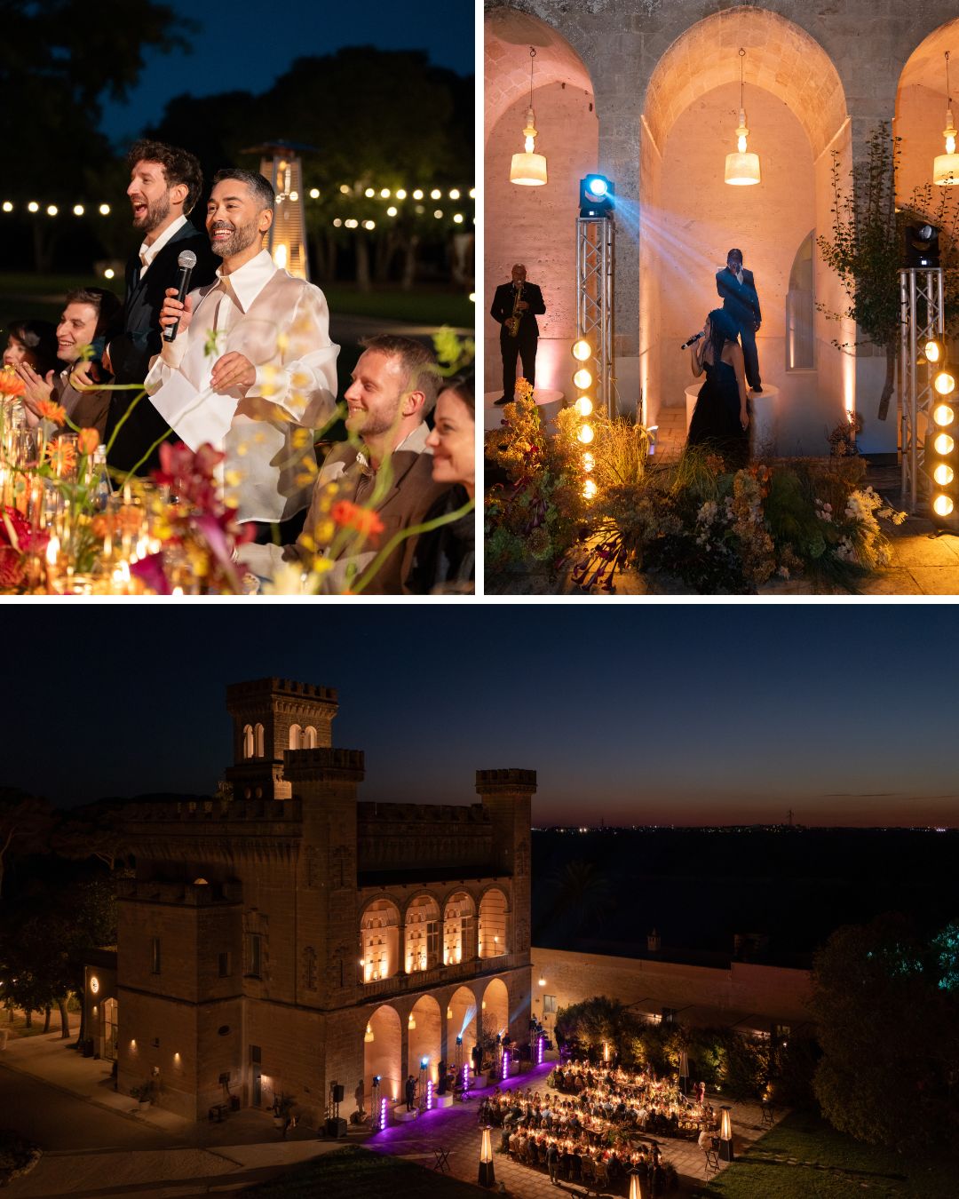 Three images showing an elegant outdoor evening event: guests speaking and dining, people entering a lit archway, and a large illuminated building with tables set outside.