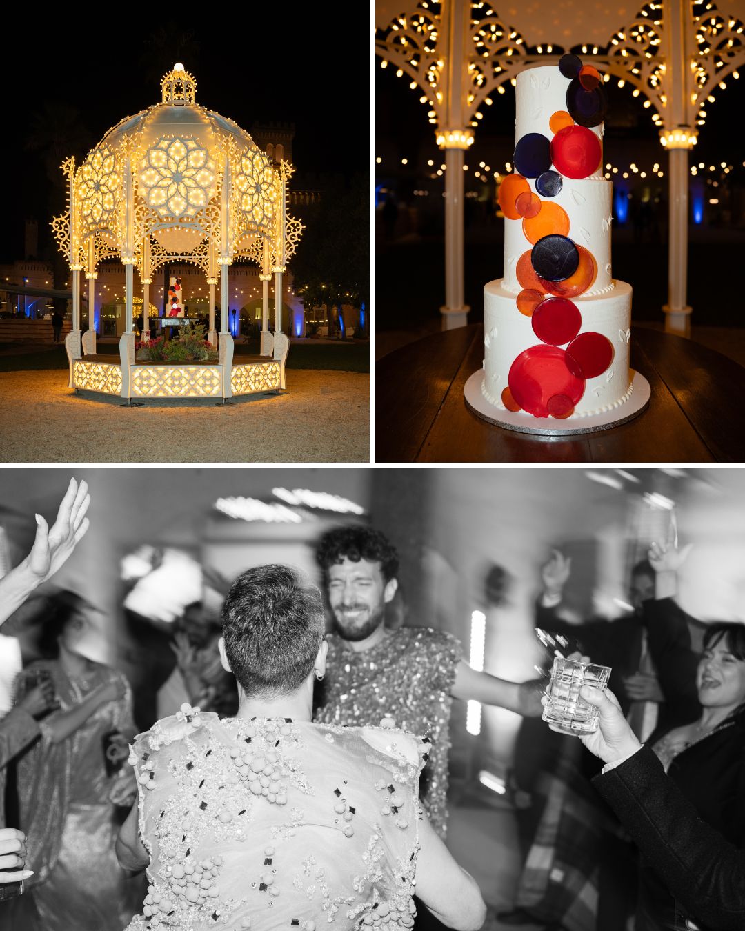 A collage shows a lit gazebo at night, a tall white cake decorated with red and purple spheres, and people dancing at a lively indoor event.