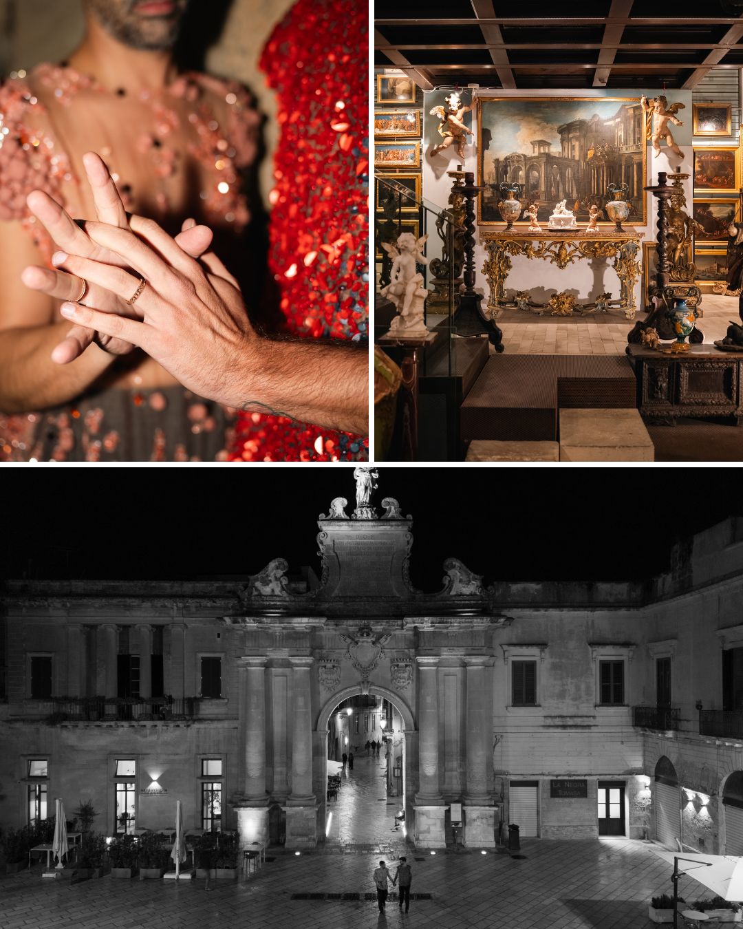 A collage of three images: two people clasping hands, an ornate interior with artwork, and a nighttime view of a grand historic building with columns and arches.