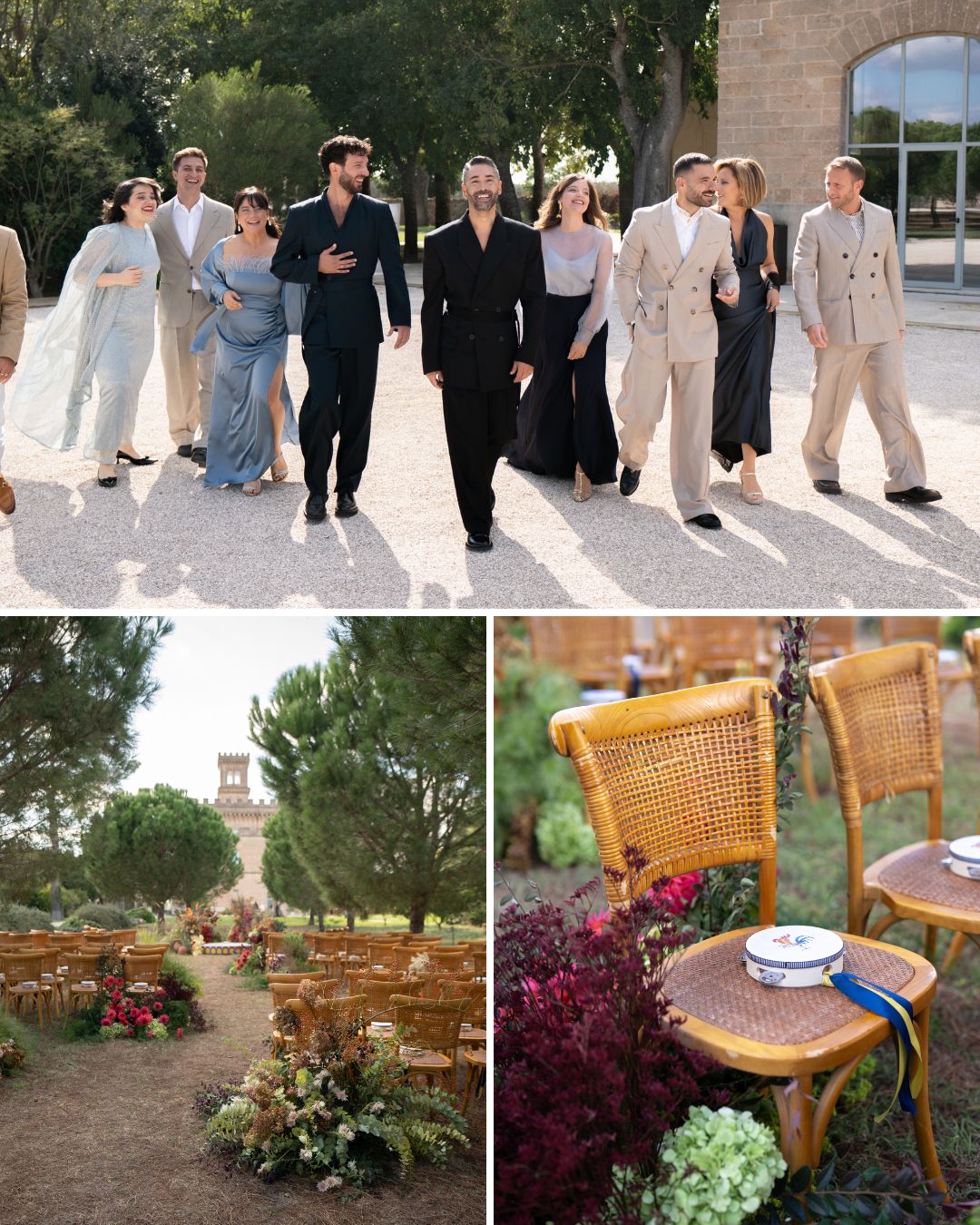 A group of people in formal attire walk outdoors; below, an outdoor wedding ceremony setup with wooden chairs and vibrant floral decorations.