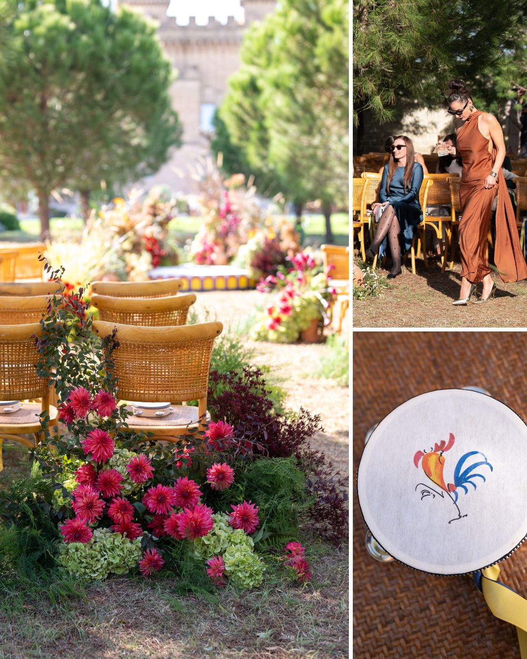 Outdoor wedding setup with wicker chairs and pink flowers; two women interact near chairs; close-up of a napkin with a rooster design.