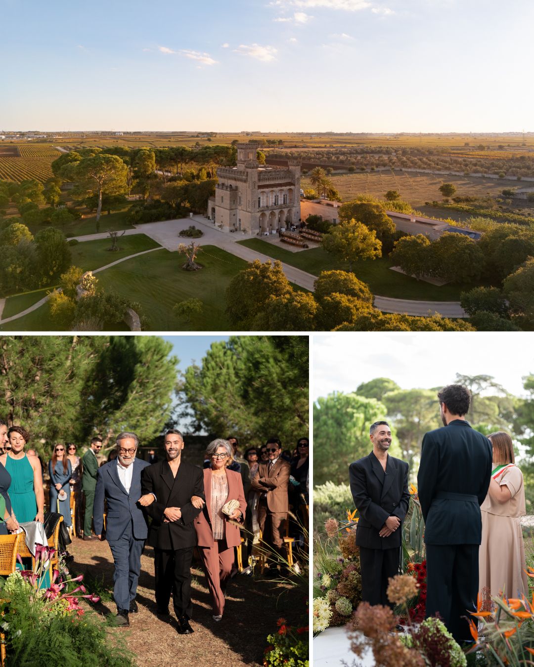 Aerial view of a countryside estate and two ground-level photos showing guests arriving and a wedding ceremony outdoors among trees and flowers.