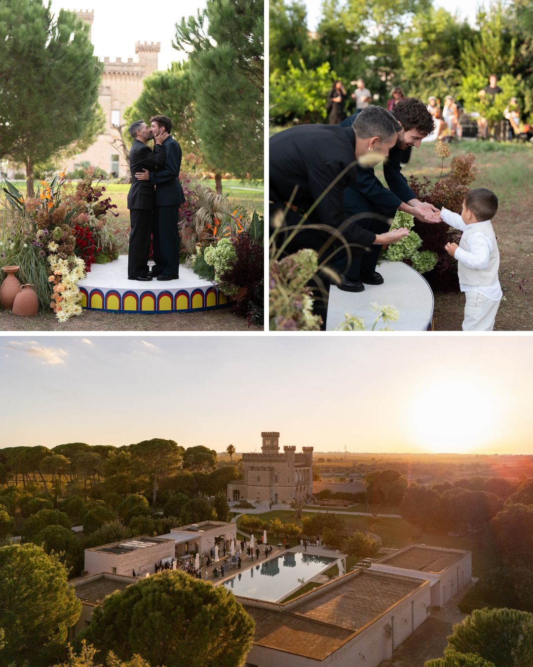A wedding ceremony outdoors: couple standing together, man greeting a child, and an aerial view of the event at a large estate with gardens at sunset.