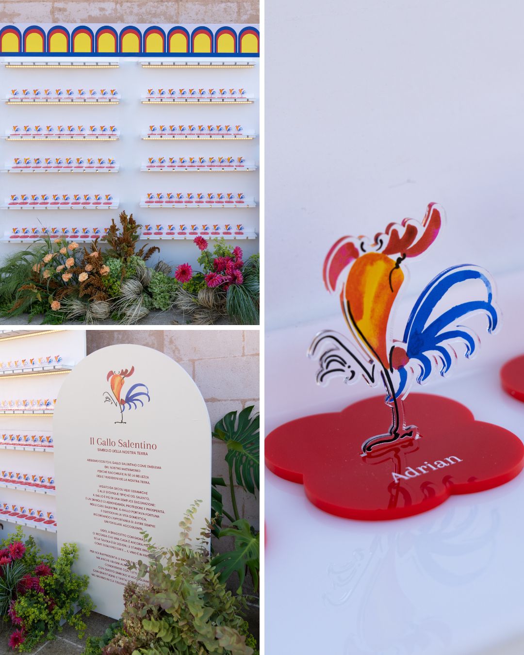 A display features rows of colorful rooster-shaped table markers, a large menu on a stand, and close-up of a rooster marker labeled "Maria" on a red base.