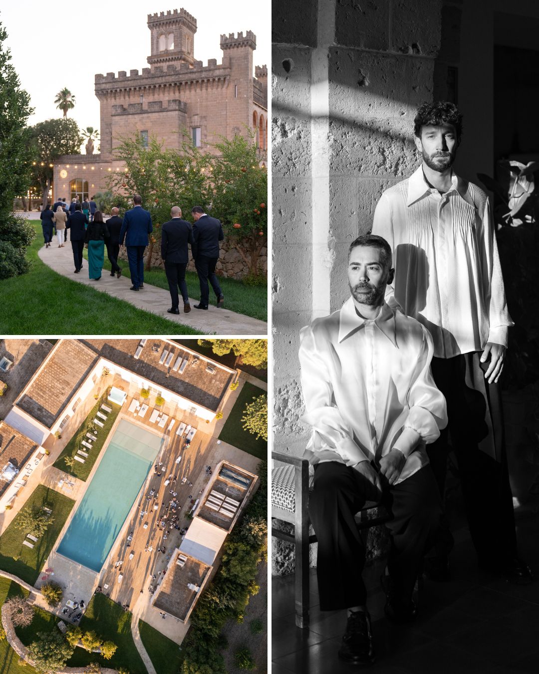 A collage shows a group walking toward a castle, two men posing indoors in formal wear, and an aerial view of a courtyard with a pool.
