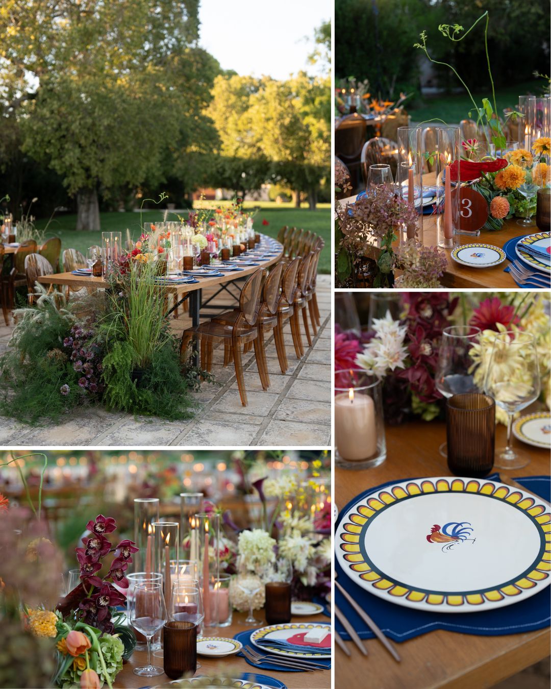 Outdoor event with long dining tables, floral centerpieces, candles, elegant glassware, and decorative plates set for a formal meal in a garden setting.