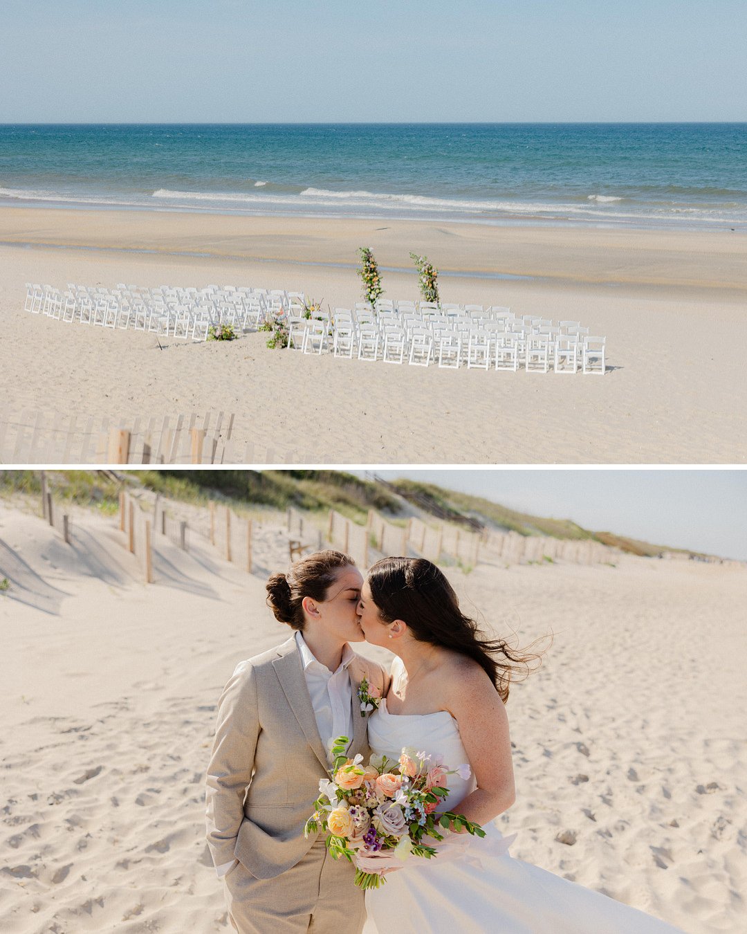 Top: Rows of white chairs arranged on a sandy beach facing the ocean. Bottom: Two people in wedding attire kiss and hold a bouquet on the beach.