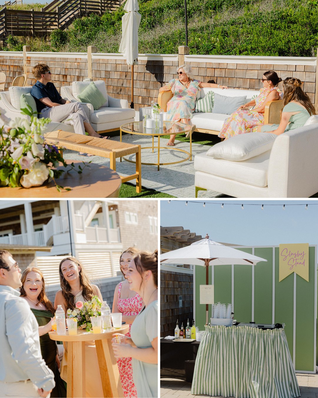 Outdoor event with people socializing on white sofas, a group standing by a tall table, and a drink station with a green backdrop and white umbrella.