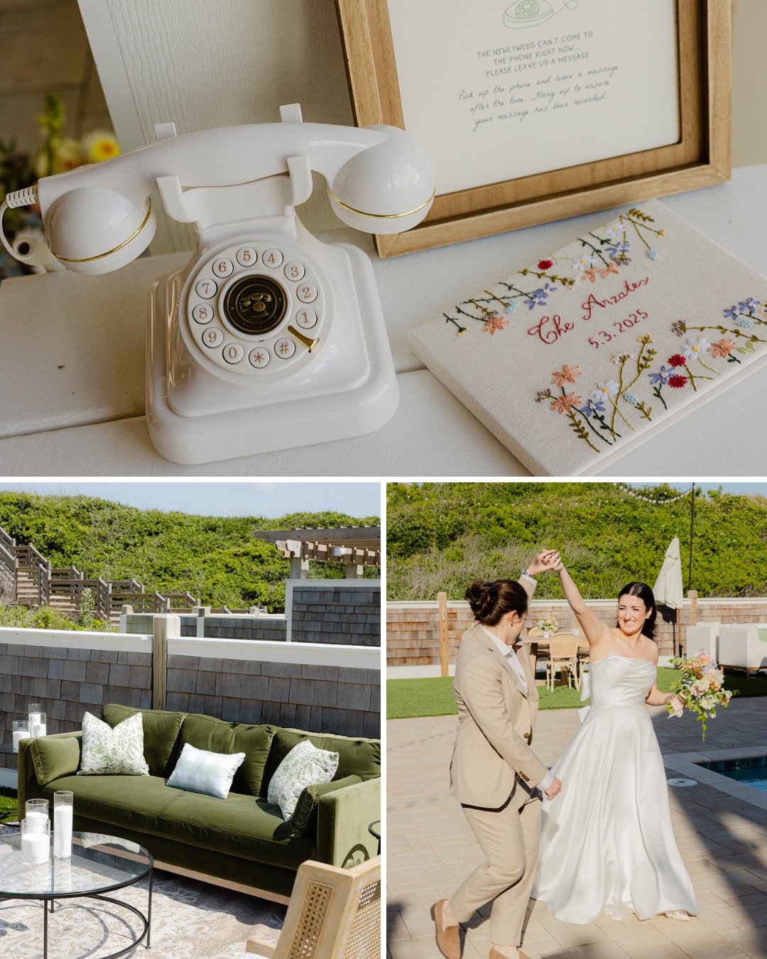 A vintage rotary phone, embroidered guest book, outdoor green sofa with pillows, and a couple dancing in wedding attire at an outdoor venue.