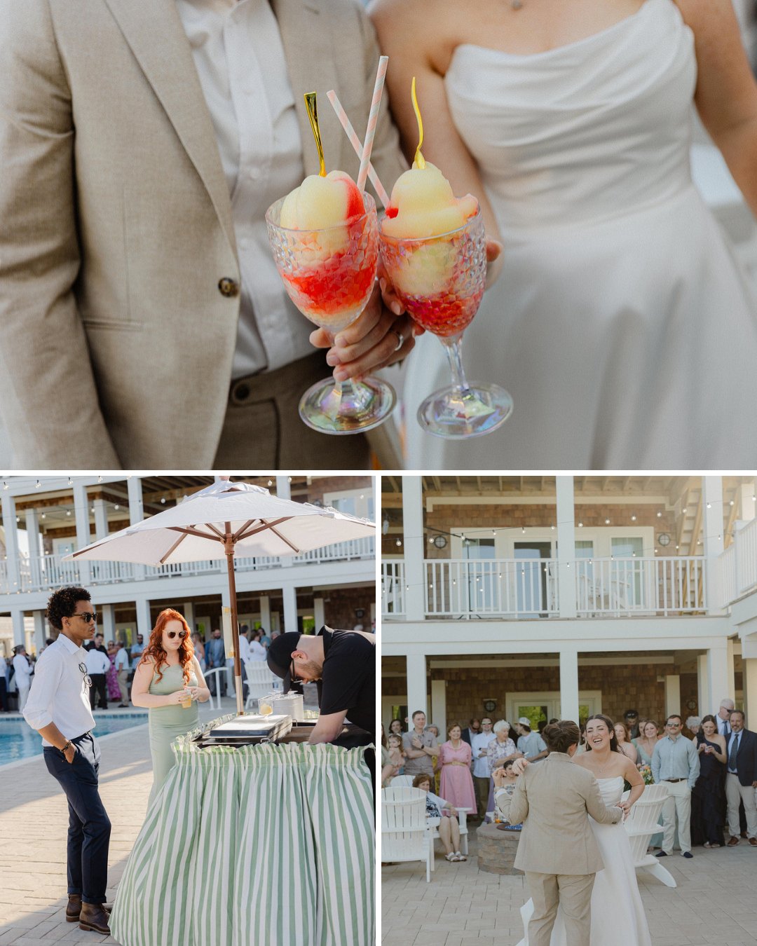 Three photos: a couple in formal attire holding dessert glasses, people conversing by a poolside table, and a couple dancing outside a large building with guests watching.