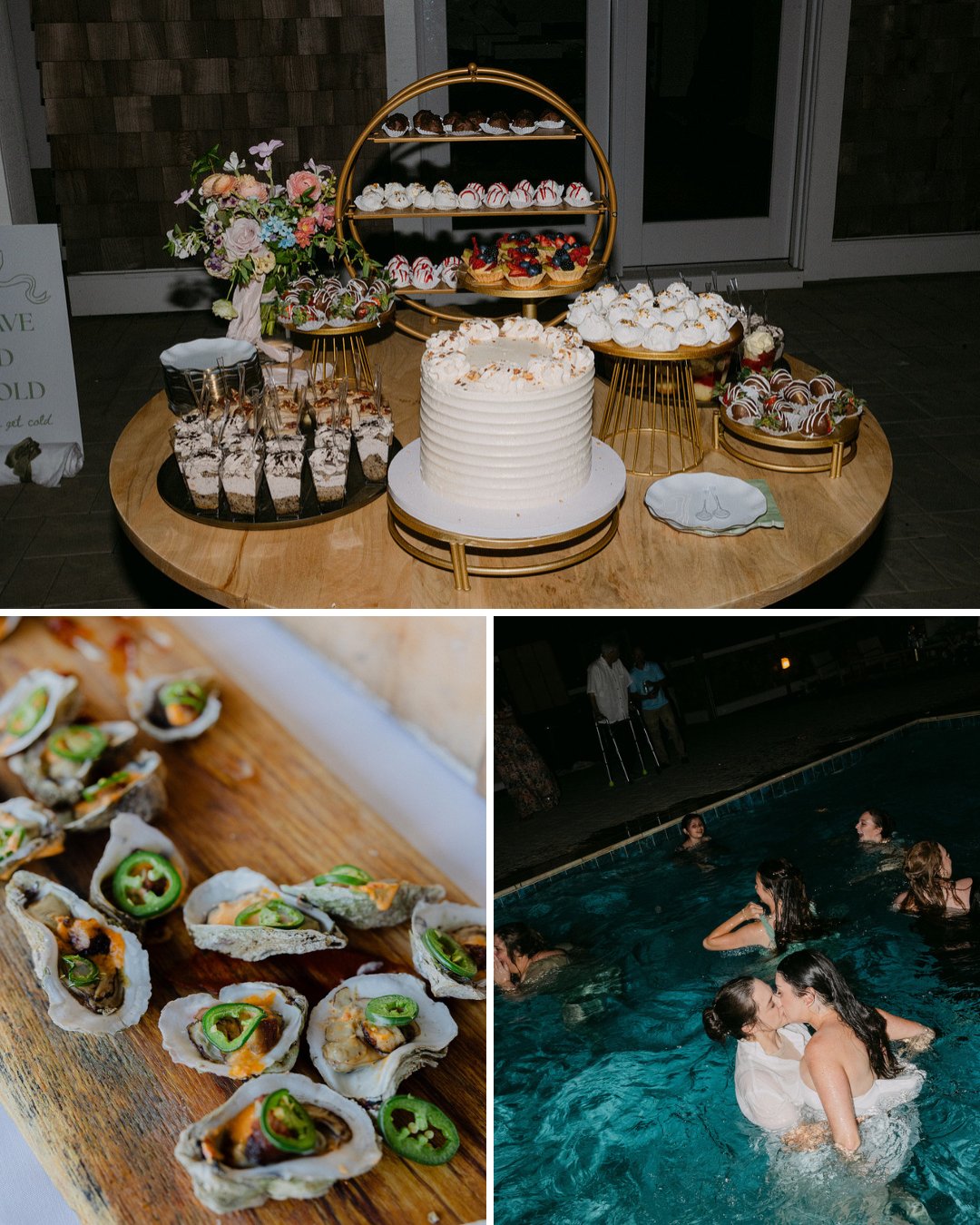A round dessert table with a white cake, cupcakes, and flowers; a close-up of oysters; people swimming and hugging in a pool at night.