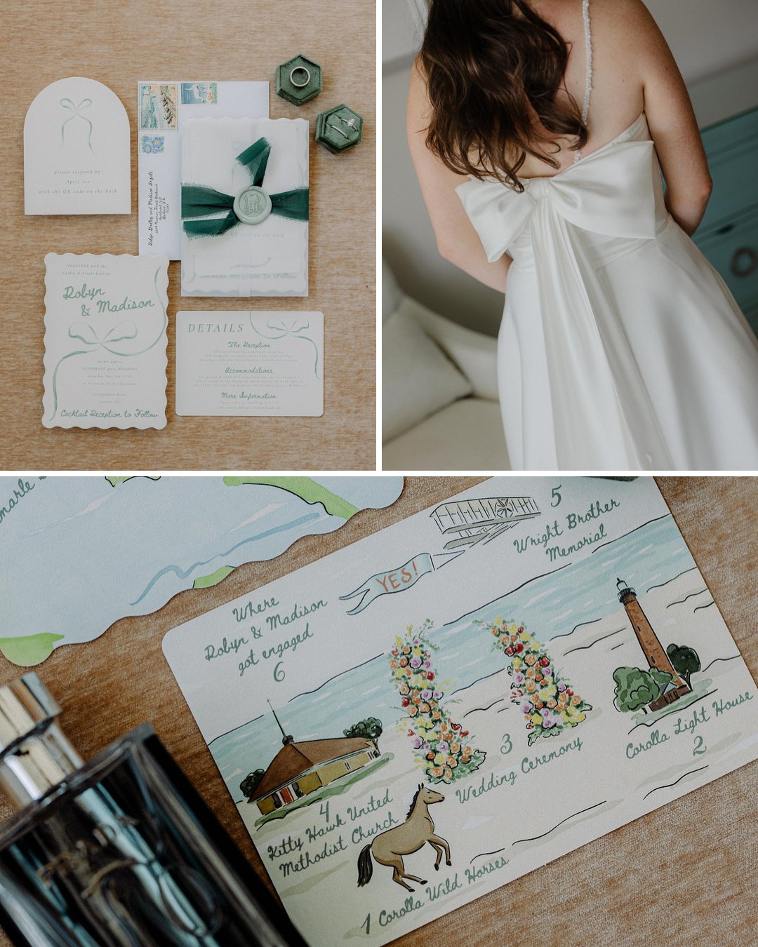 A collage showing wedding invitations, a bride in a white dress with a large bow on the back, and a hand-drawn wedding map with landmarks and floral decorations.