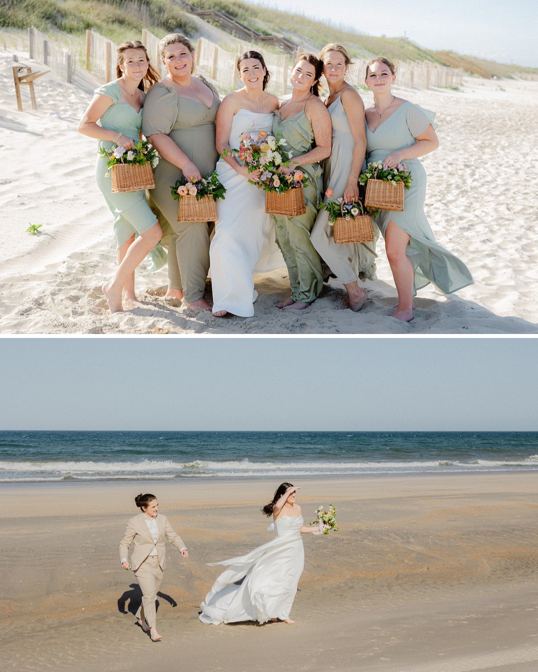 Top: A bride and five bridesmaids in pastel dresses pose on a sandy beach with flower baskets. Bottom: A bride and groom run along the shoreline under a clear sky.