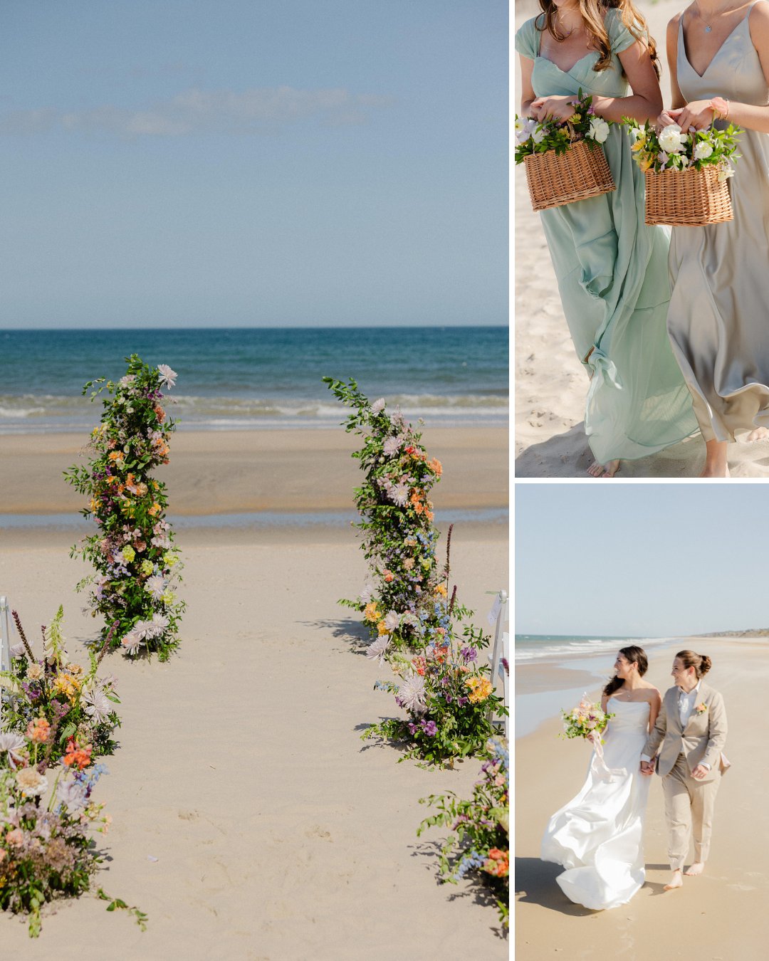 A beach wedding with floral arches, two women in pastel dresses holding baskets, and a couple walking on the sand in wedding attire.