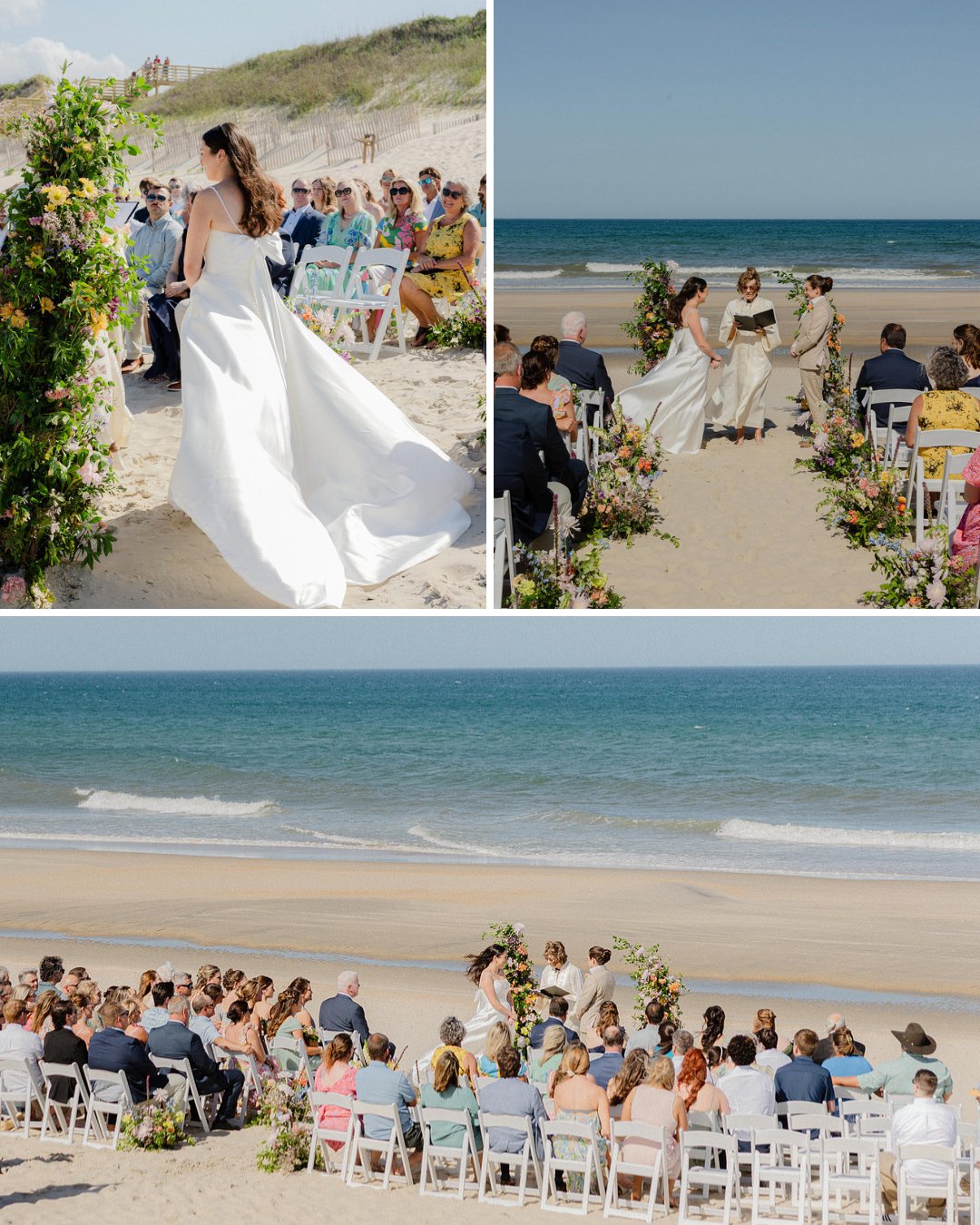 Three photos show a beach wedding ceremony with guests seated, a bride walking down the aisle, and a wide view of the event by the ocean under a clear sky.