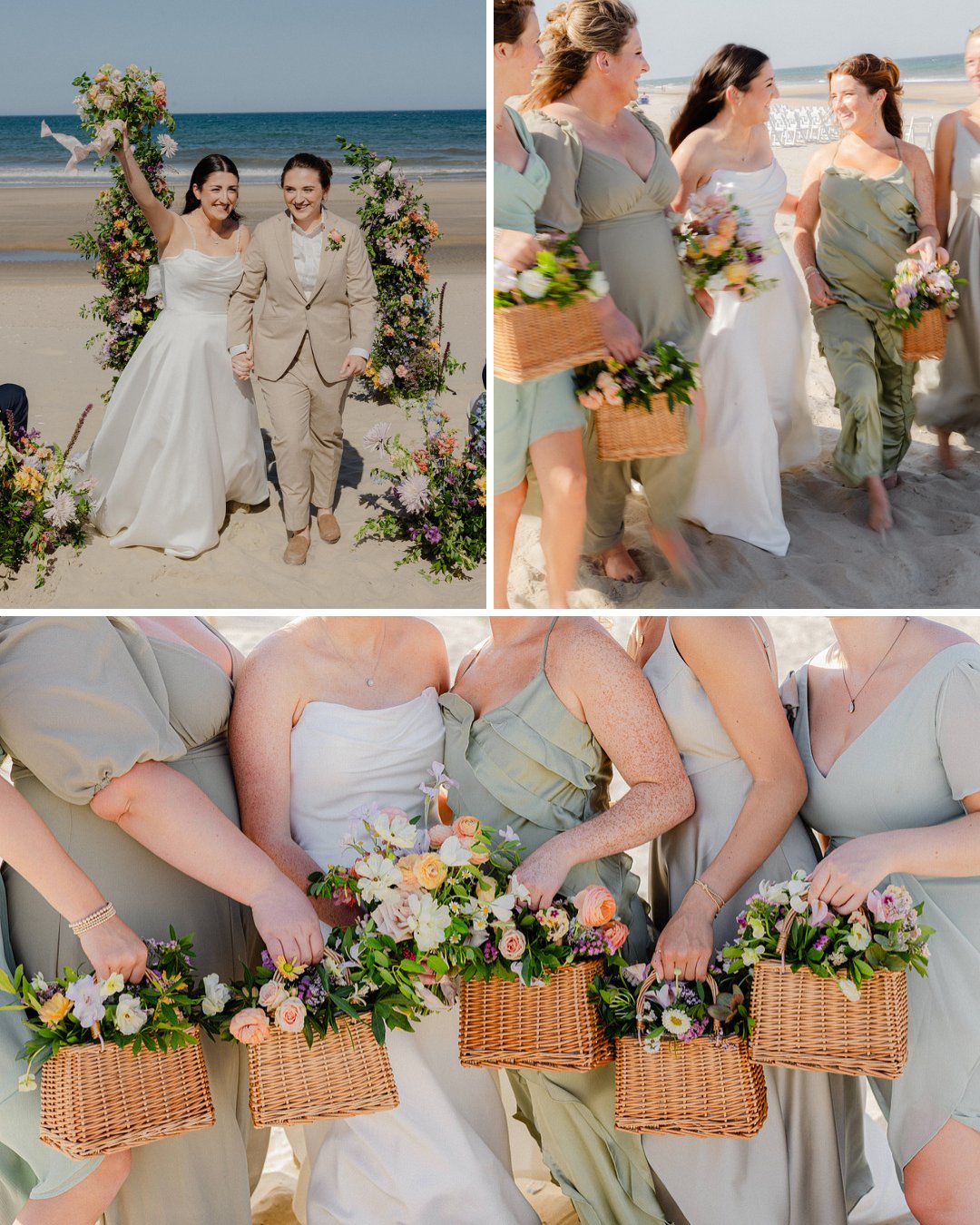 A wedding on the beach shows two brides celebrating, bridesmaids in sage green dresses, and close-up of woven baskets holding floral arrangements.