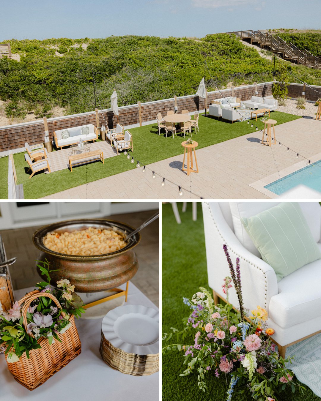 Outdoor patio setup with lounge furniture, tables, and decorative flowers beside a pool; close-up views show popcorn, a basket, and a floral arrangement.