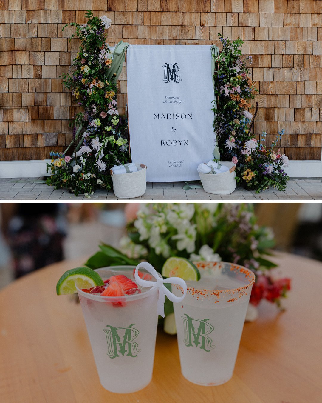 A wedding sign with "Madison &amp; Robyn" surrounded by flowers, and two monogrammed drinks with fruit and lime garnish on a table.
