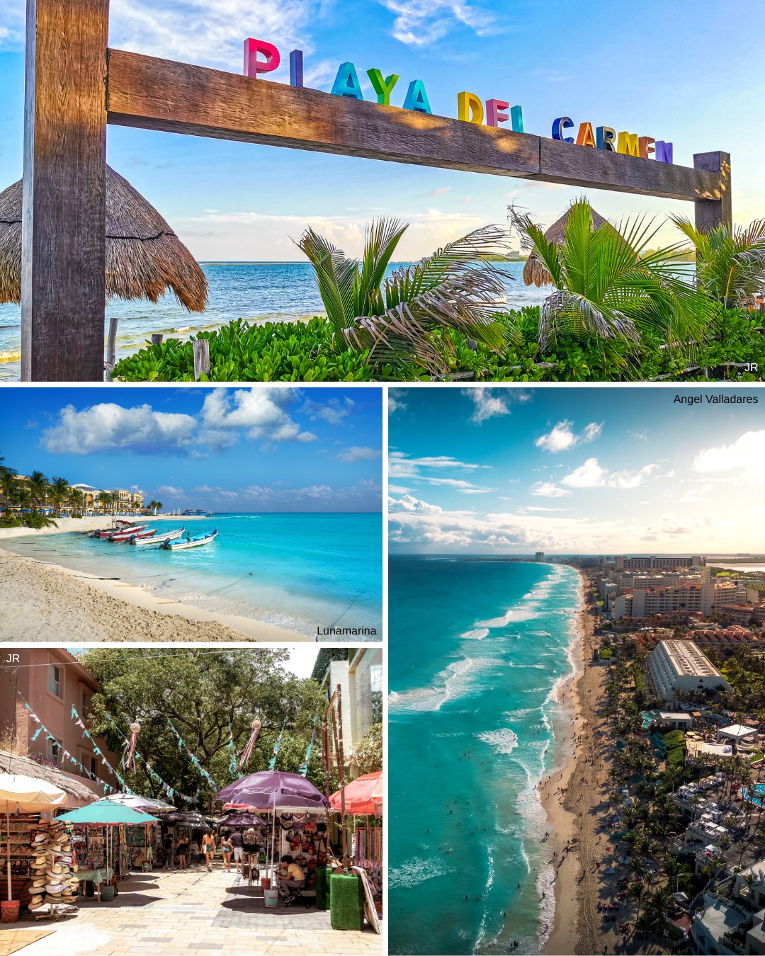 Collage of Playa del Carmen: a sign by the beach, boats on turquoise water, a street with umbrellas, and an aerial view of the coastline.