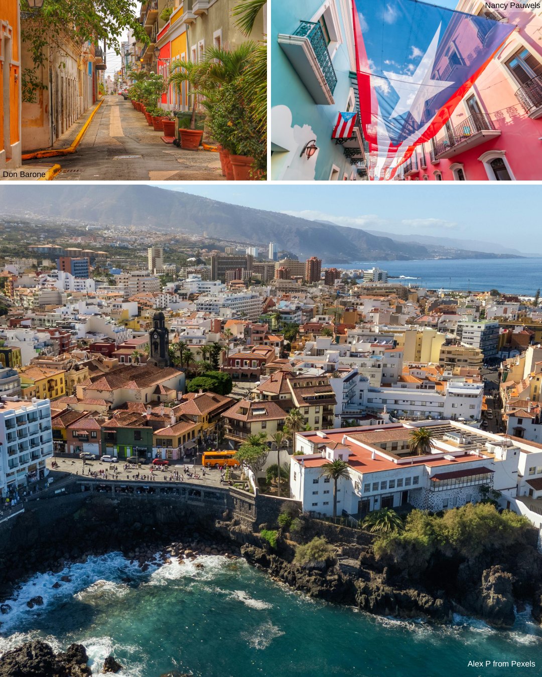 Collage of colorful streets, a Puerto Rican flag hanging above a street, and an aerial view of a coastal town with white buildings and rocky shoreline.