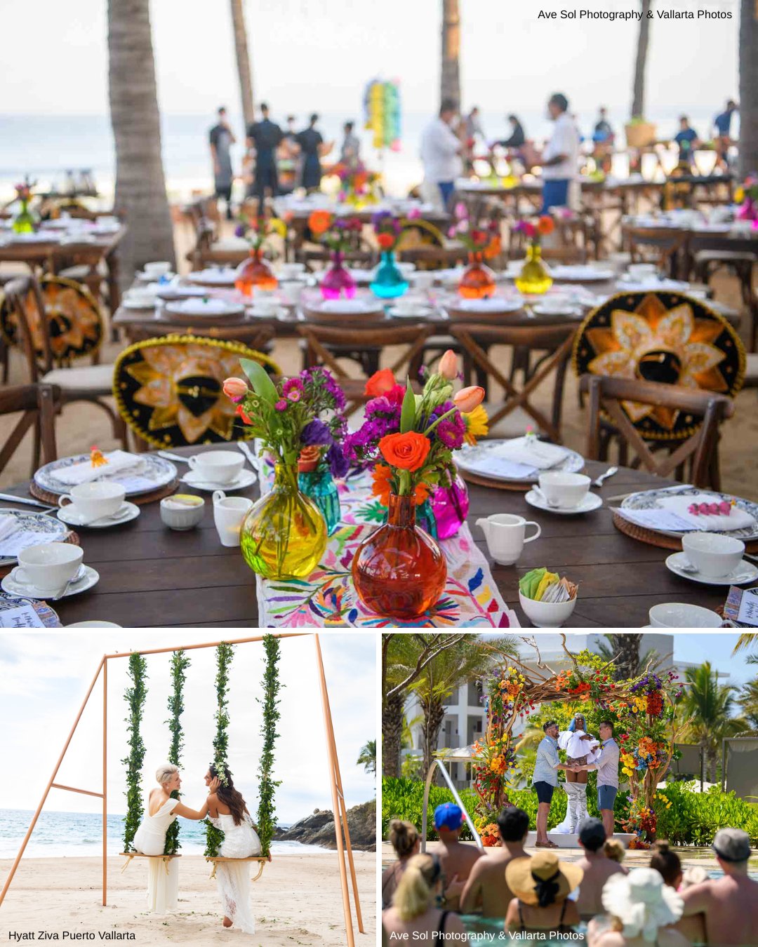 Outdoor wedding setup with colorful floral centerpieces on tables, a couple on a swing by the beach, and a wedding ceremony under a floral arch.