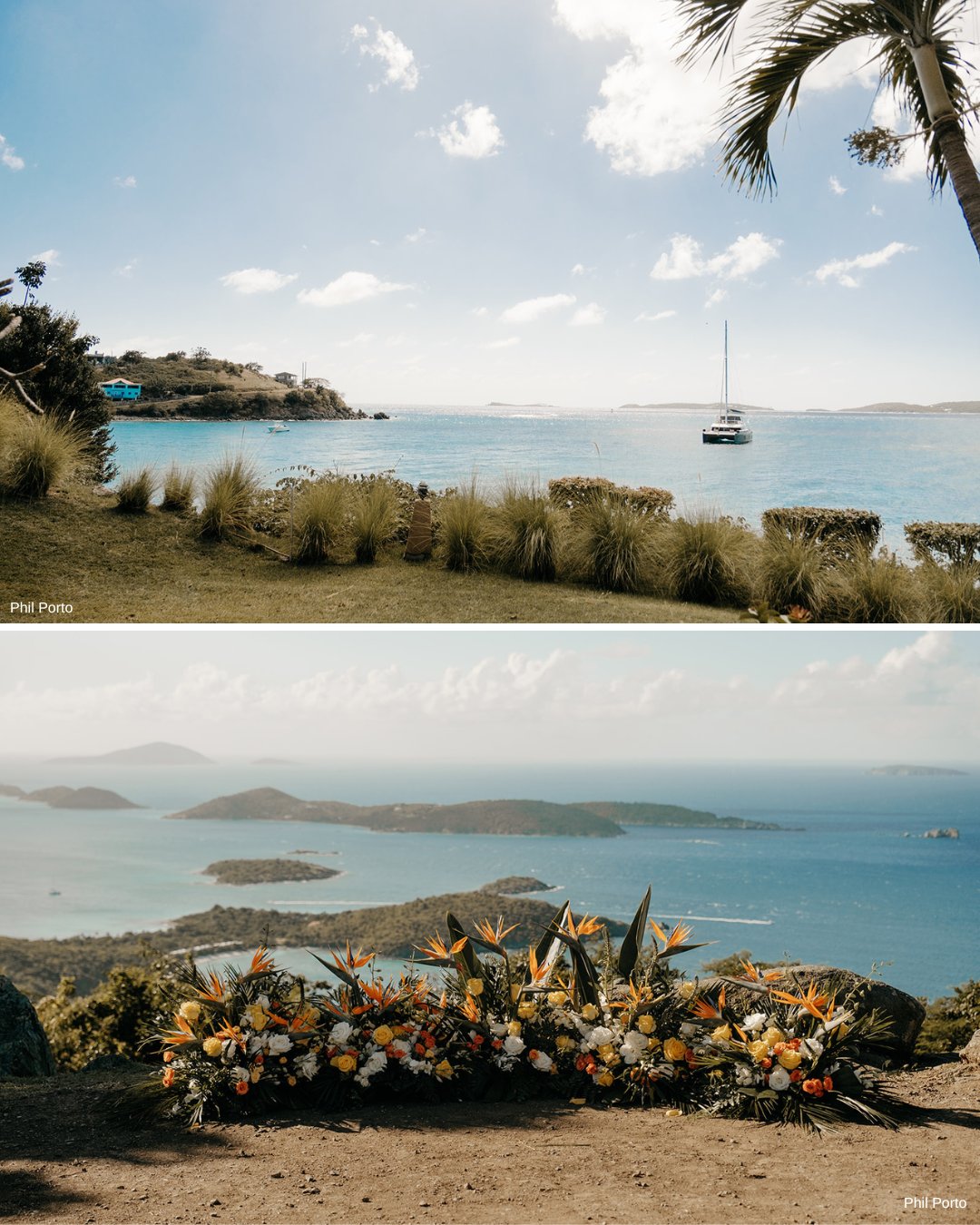 Two scenic coastal views: the top image shows a yacht on calm waters near grassy shoreline; the bottom image features islands in the distance with floral arrangements in the foreground.
