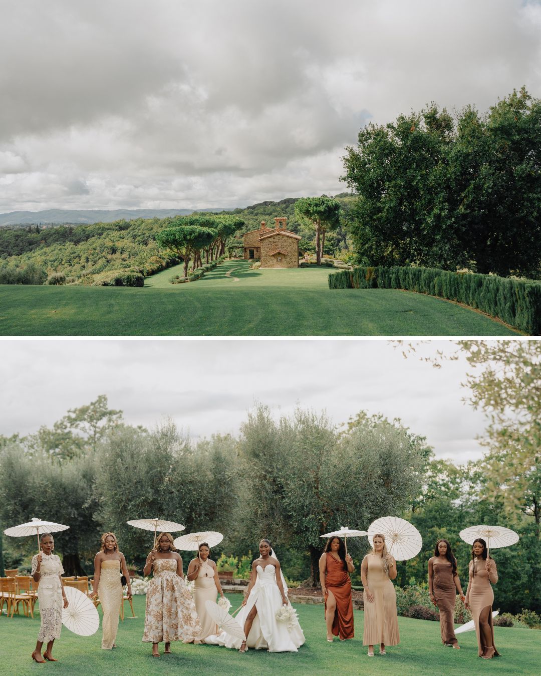 Top: A scenic landscape with a stone building, hedges, and trees under a cloudy sky. Bottom: A bride and bridesmaids holding white parasols stand on grass in front of trees.