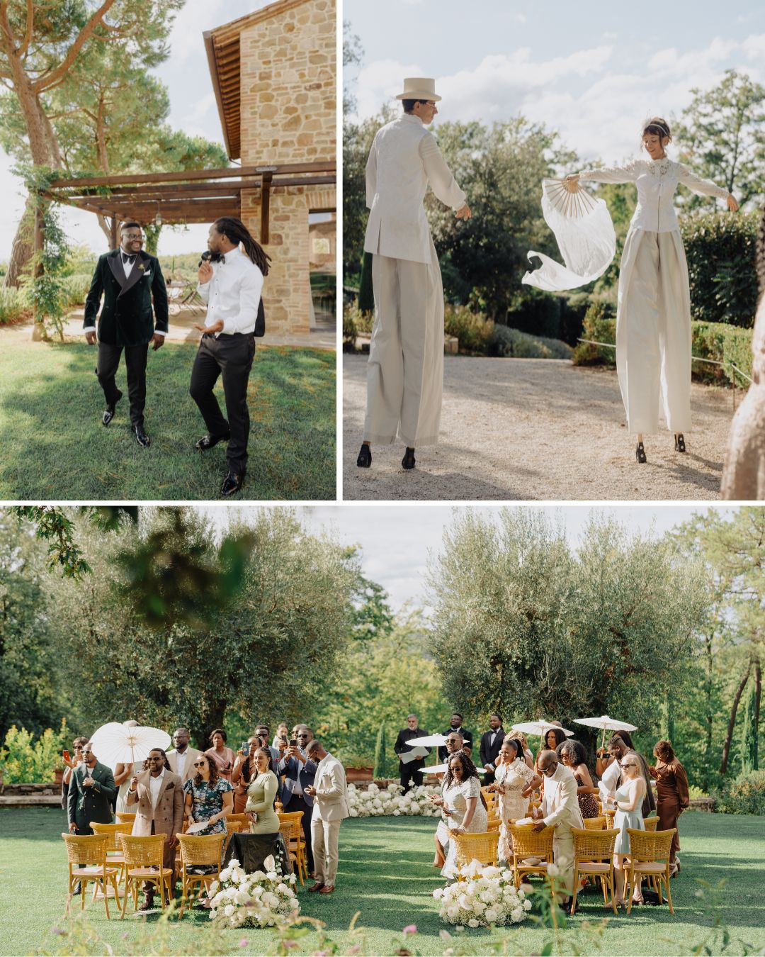 Three photos show a formal outdoor event: two people walking, a performer on stilts, and guests seated on wooden chairs in a garden setting.