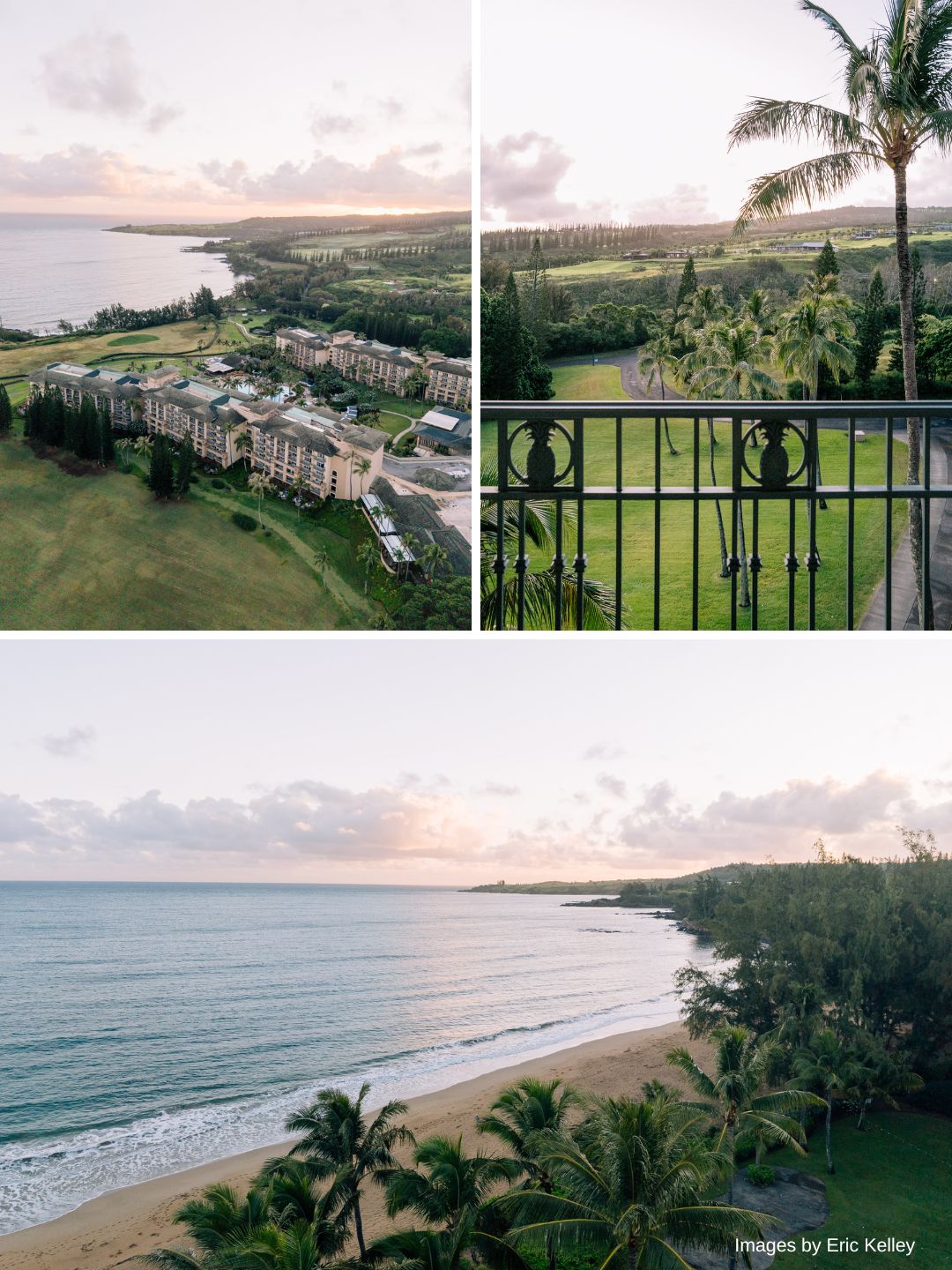 Three photos show a coastal resort with buildings, palm trees, green lawns, and an ocean view at sunset.
