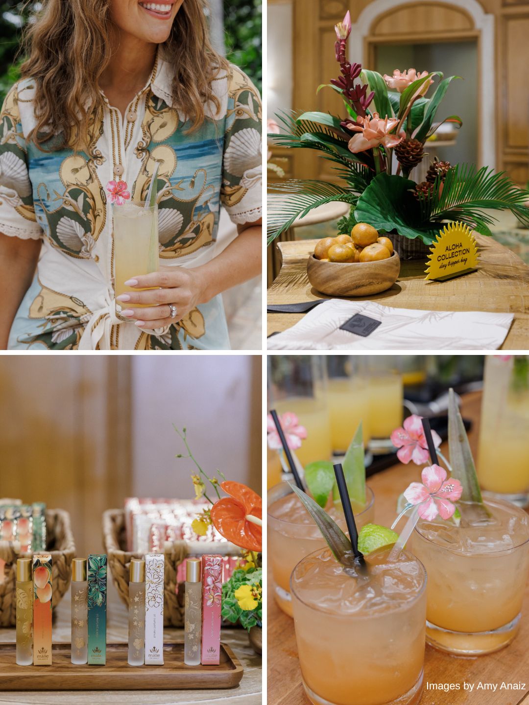 A collage showing a woman holding a drink, a floral arrangement with fruit, colorful test tube drinks, and cocktails garnished with flowers.