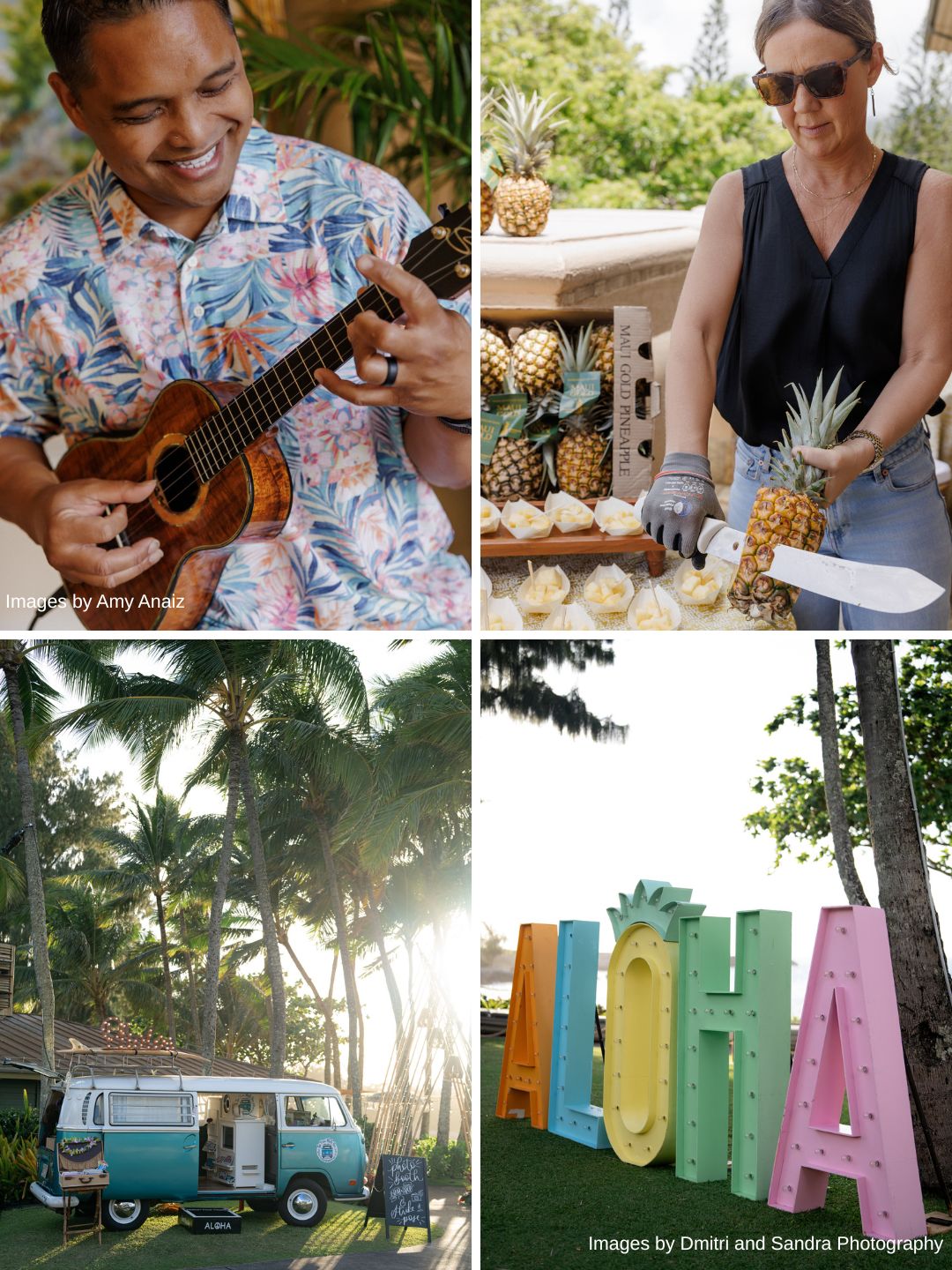 Collage showing a man playing a ukulele, a woman cutting pineapples, a retro van under palm trees, and large colorful letters spelling "ALOHA" outdoors.