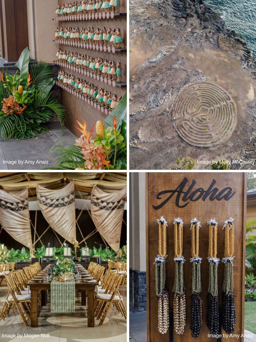 A collage of four images: leis on display, a circular labyrinth on rocky terrain, a decorated dining area, and a wooden “Aloha” sign with leis hanging below.