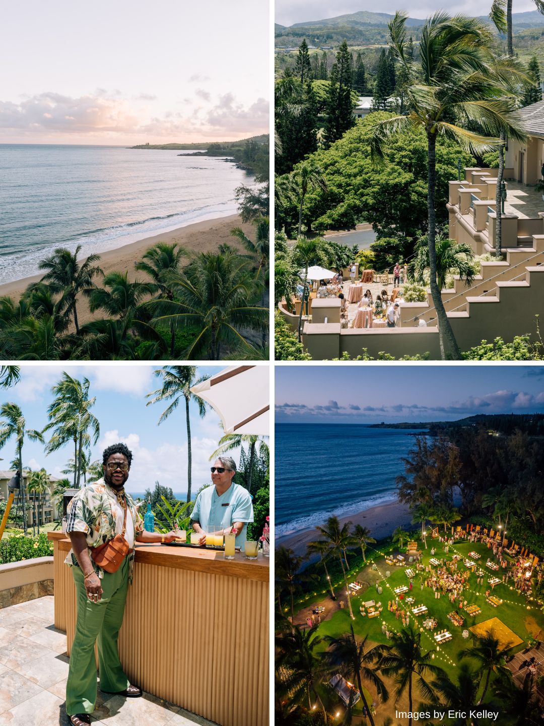A collage of four images showing a tropical beach, a resort terrace, two people at an outdoor bar, and an evening event setup near the ocean.