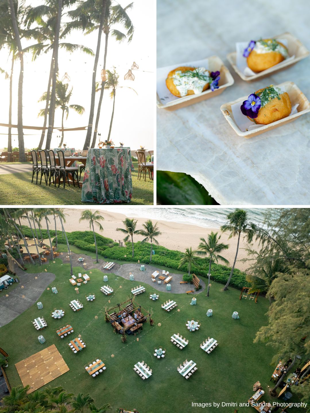 Outdoor seaside event setup with decorated tables and chairs, gourmet appetizers on trays, and palm trees in a landscaped garden overlooking the ocean.