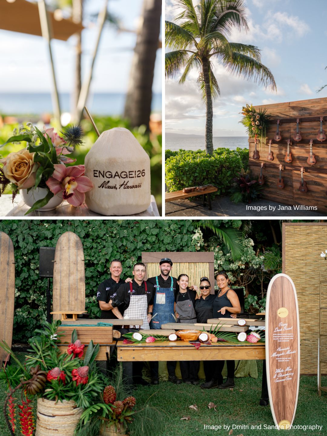 Three images: a coconut drink with “ENGAGE!24” written on it, a tropical outdoor bar setup, and a group of six people posing behind a wooden serving counter with surfboards.