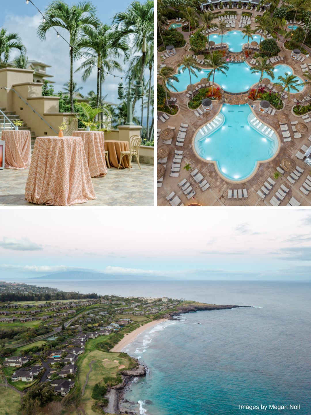 Collage showing an outdoor event setup with palm trees, a top view of a resort pool with lounge chairs, and an aerial view of a coastline with greenery and buildings.