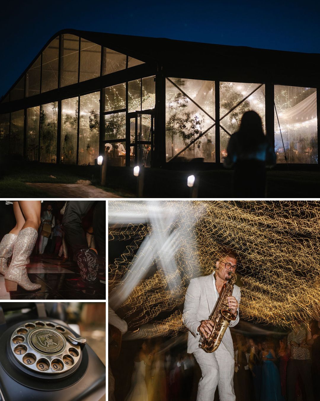 A modern glass-walled venue at night, a person playing saxophone indoors, someone wearing white boots dancing, and a close-up of a vintage rotary phone.