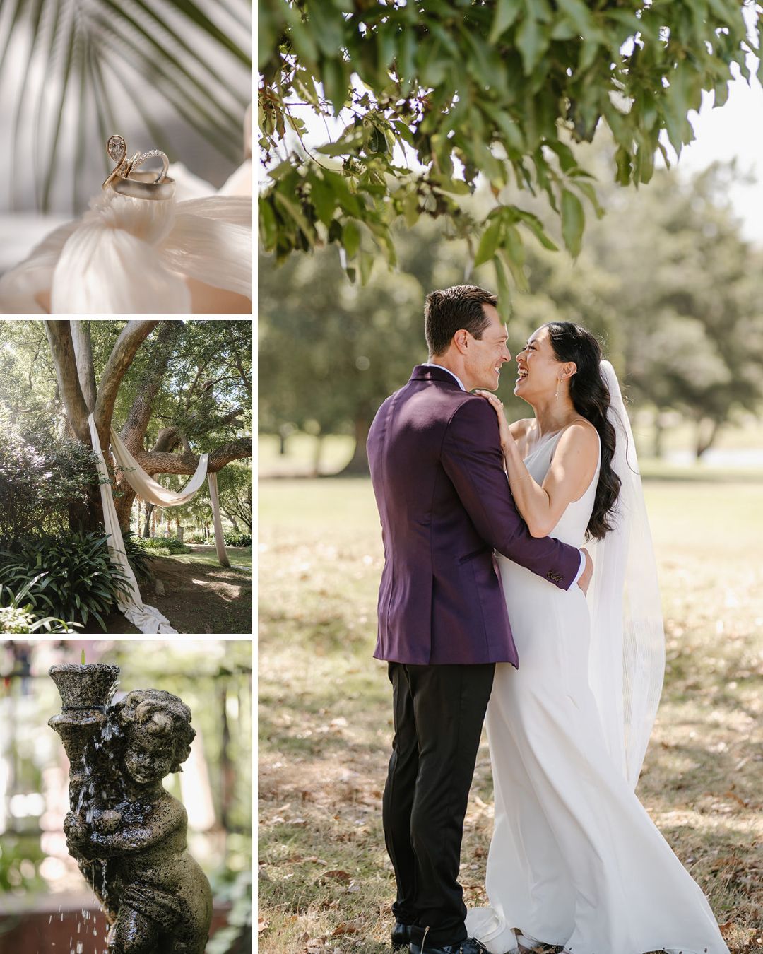 A bride and groom stand outdoors under a tree. Left side shows close-ups of wedding rings, a hammock, a statue, and a veil with leaf shadows.