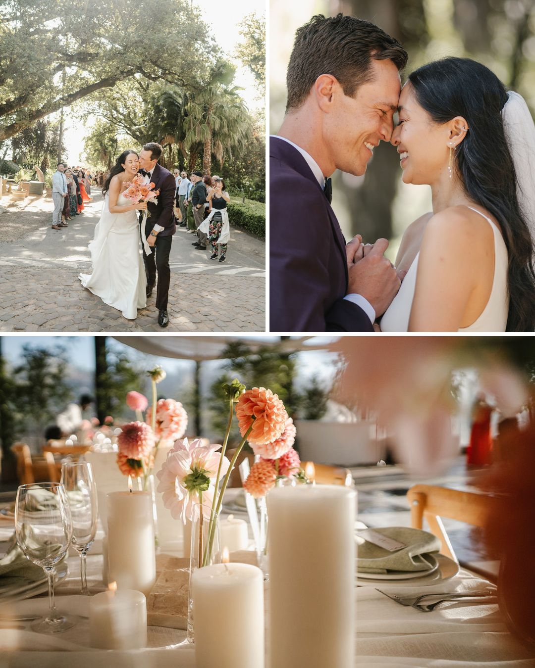 A collage shows a bride and groom walking outside, sharing an intimate moment, and a close-up of a wedding table set with flowers and candles.