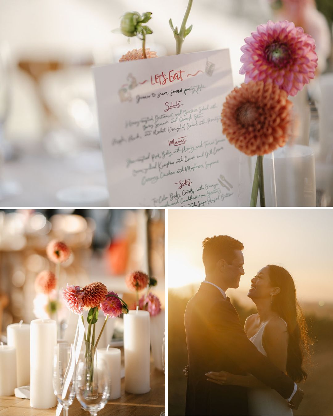 A wedding scene with floral decorations, a printed dinner menu, white candles, and a couple embracing at sunset.