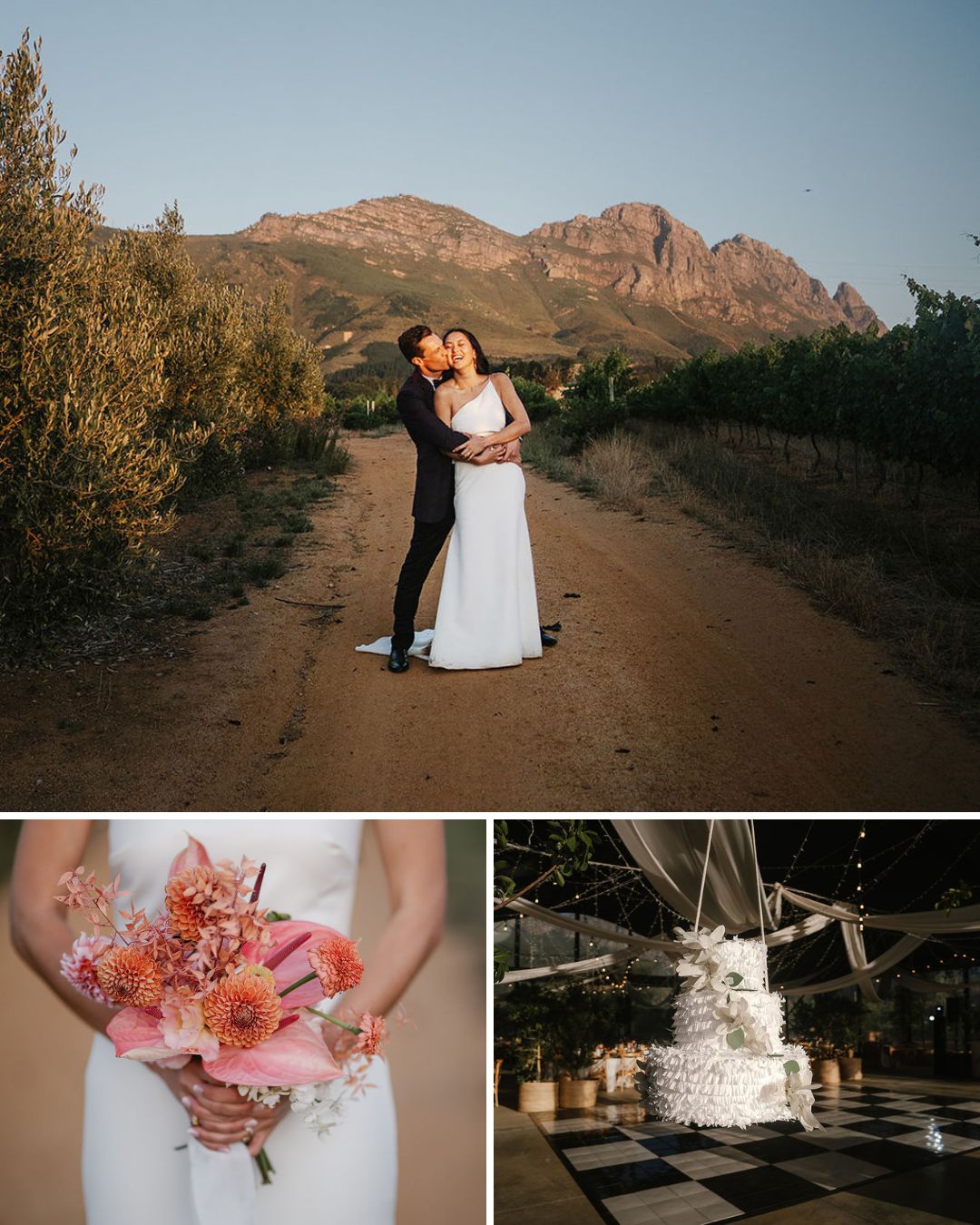 A bride and groom kiss on a dirt road with mountains in the background; below are a close-up of the bride’s bouquet and a large tiered wedding cake in a decorated venue.